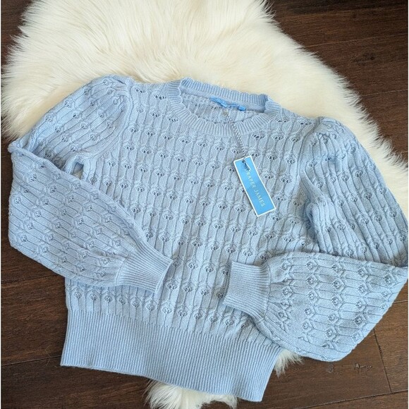 NWT Draper James Wool Cashmere Puff Sleeve Pointelle Cable Knit Sweater S Small - Picture 2 of 7